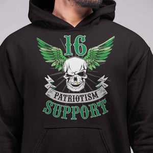 Support 16 Patriots Green Wings & Skull Hoodie
