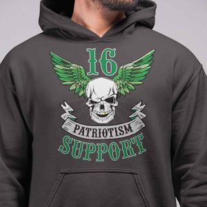 Support 16 Patriots Green Wings & Skull Hoodie
